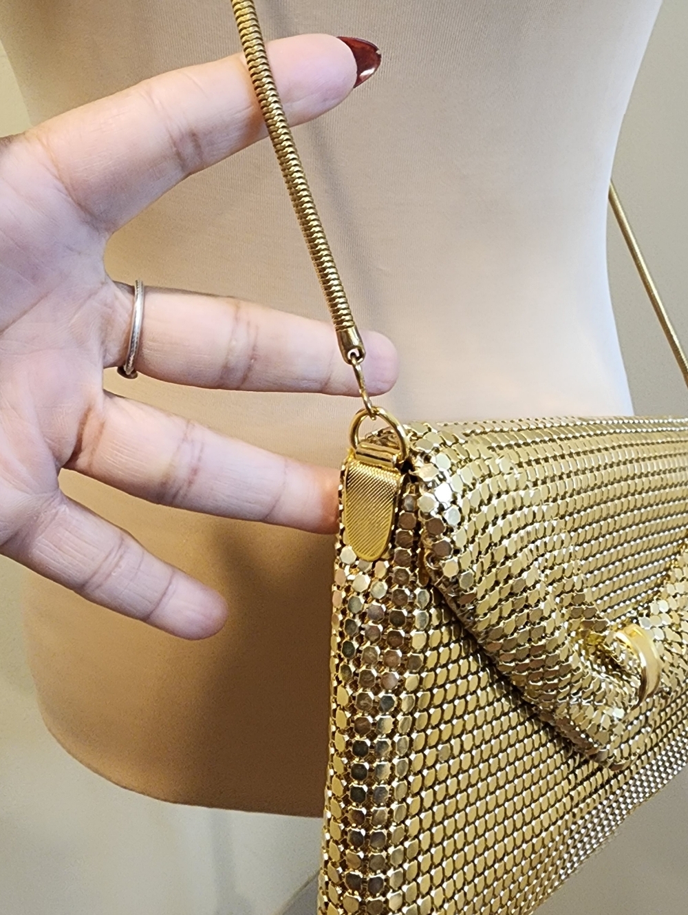 Gold Metallic Mesh Satchel Bag With Long Strap - Picture 3 of 14